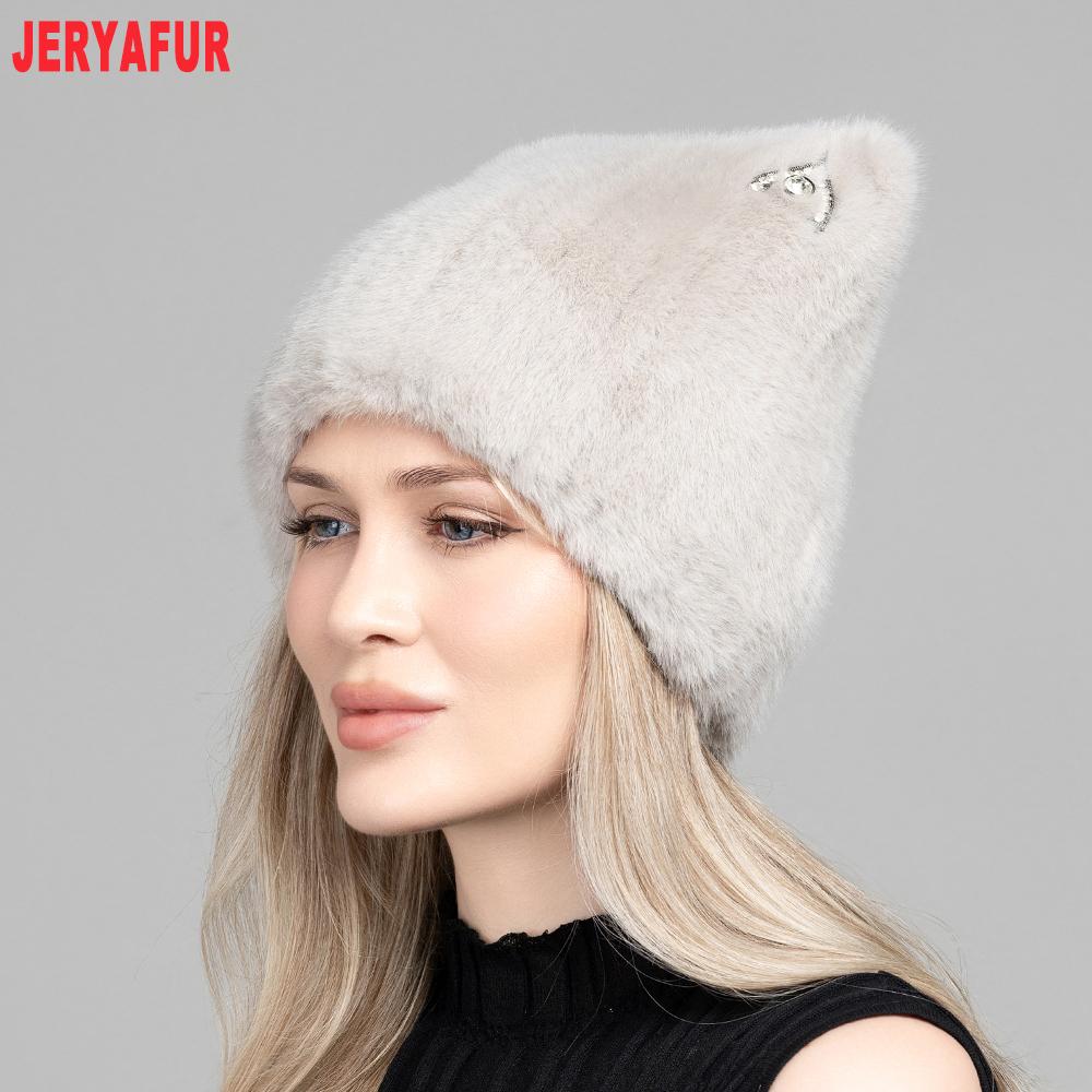 JERYAFUR Женская зимняя шапка с ушками кошки из искусственного меха, милый пушистый теплый модный женский колпак со стразами для холодной погоды