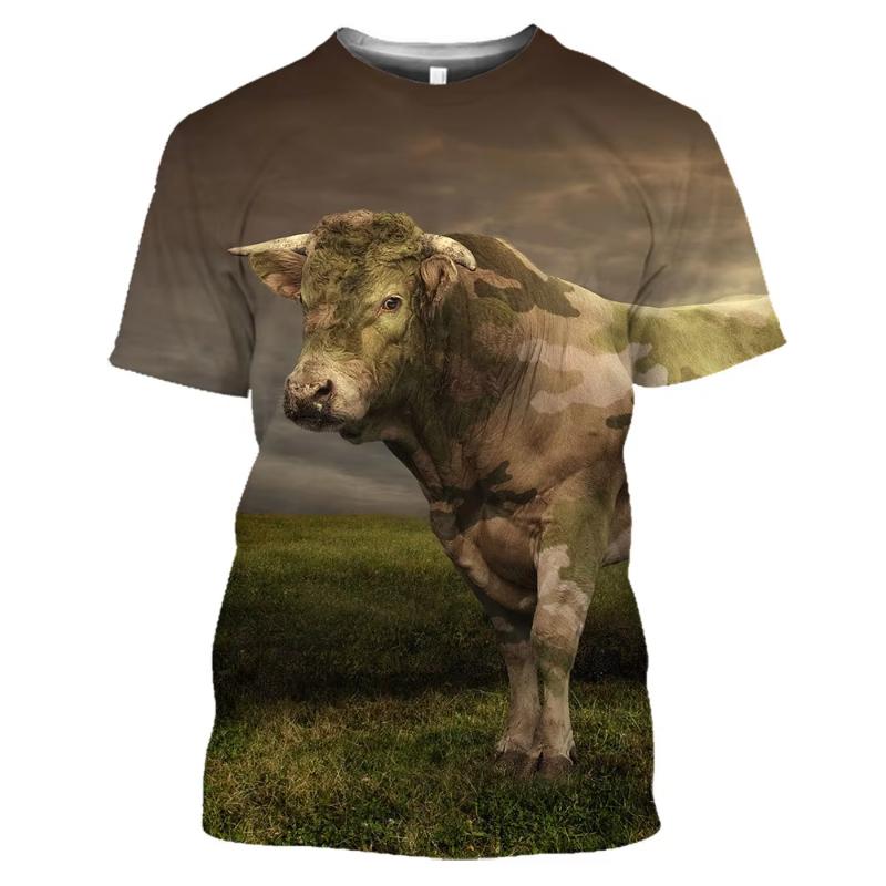 Bull Head Animal 3D Printed T-shirt, Realistic Cattle Portrait Graphic Short Sleeve Casual Streetwear Top
