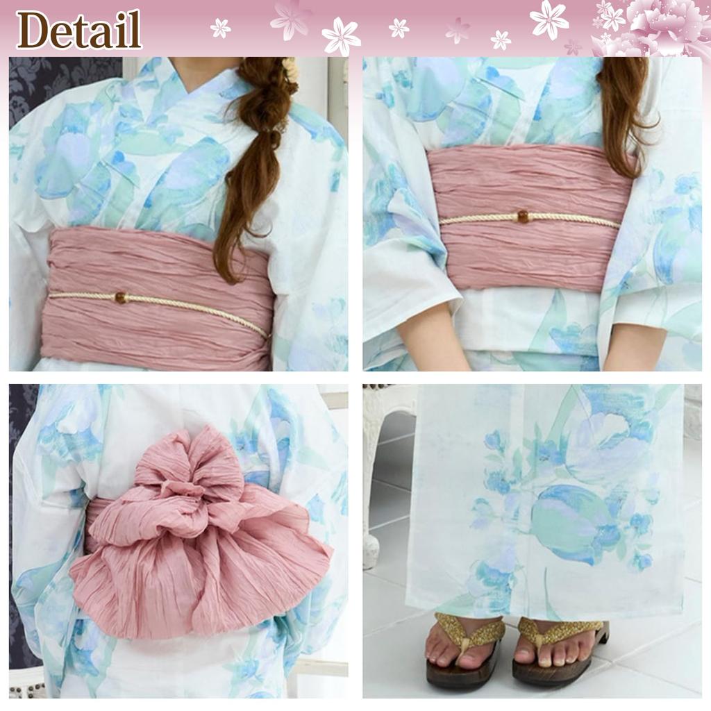 RAVIR Yukata White with a Refreshing Tulip Fluffy Obi and Geta One Size Fits All Women's 3-Piece Set, Design, Belt, Sandals, Blue,