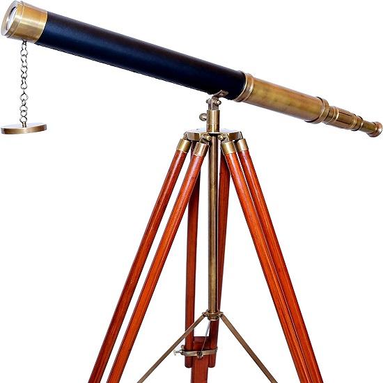 Морской катер Коричневый старинный телескоп Черный кожаный деревянный штатив Морской телескоп
