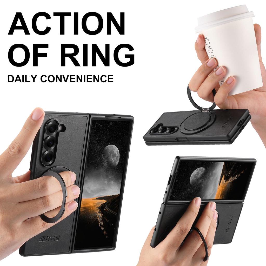 Магнитный кожаный чехол для Samsung Z Fold7/6/5 с вращающимся на 360° кольцом-подставкой