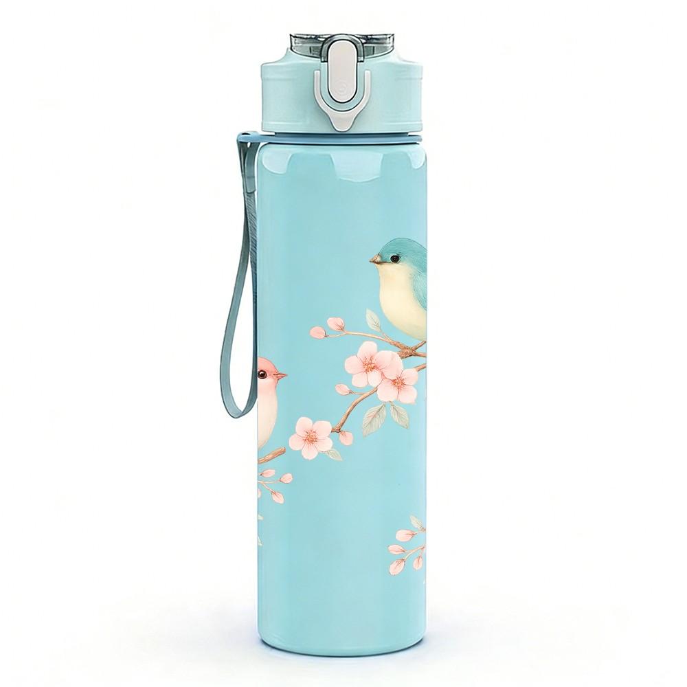 1PC Two Little Birds Branch Floral Print 750ml Color Plastic Sports Water Bottle Leakproof Flip Straw Lid Suitable for Sports Office Home Use
