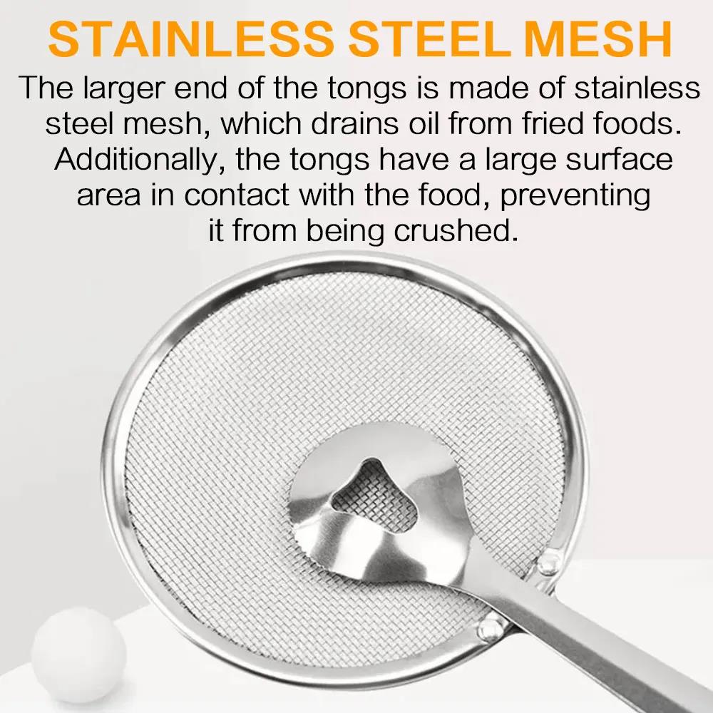 Stainless Steel Multifunctional Mesh Strainer Spoon Clip Oil Filter Colander Heat Resistant Kitchen Utensil Fried Food Salad BBQ Serving Long Handle