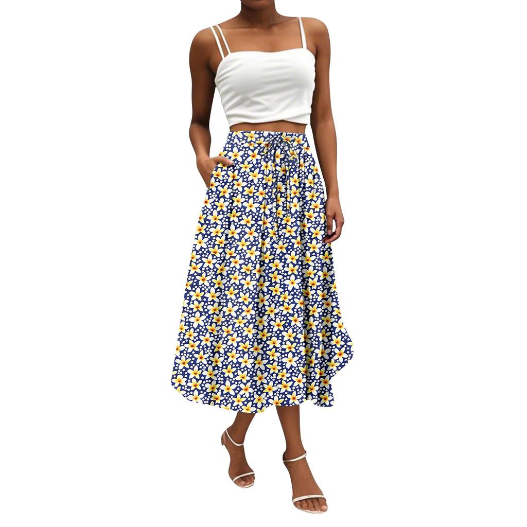Women's Skirt Bohemian Flower Skirt Solid Color Casual Temperament With Pockets Skirt