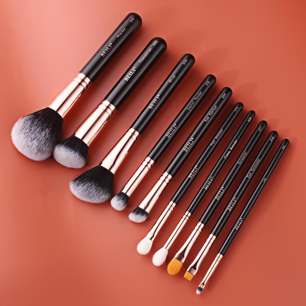 BEILI 10 шт., набор кистей для макияжа розового золота, профессиональные инструменты для макияжа, пудра, тени для век, подводка для глаз, косметические наборы кистей