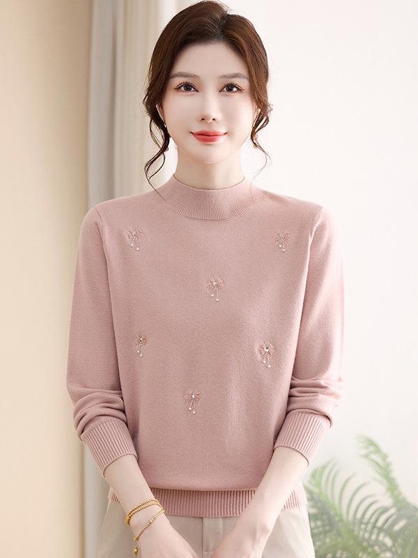Вязаный свитер с вышивкой, весна 2026: Базовая футболка с высоким воротником для женщин среднего и пожилого возраста