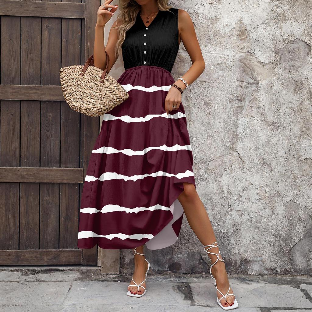 Women's Casual And Fashionable V-neck  Sleeveless Printing Mid Length Dress