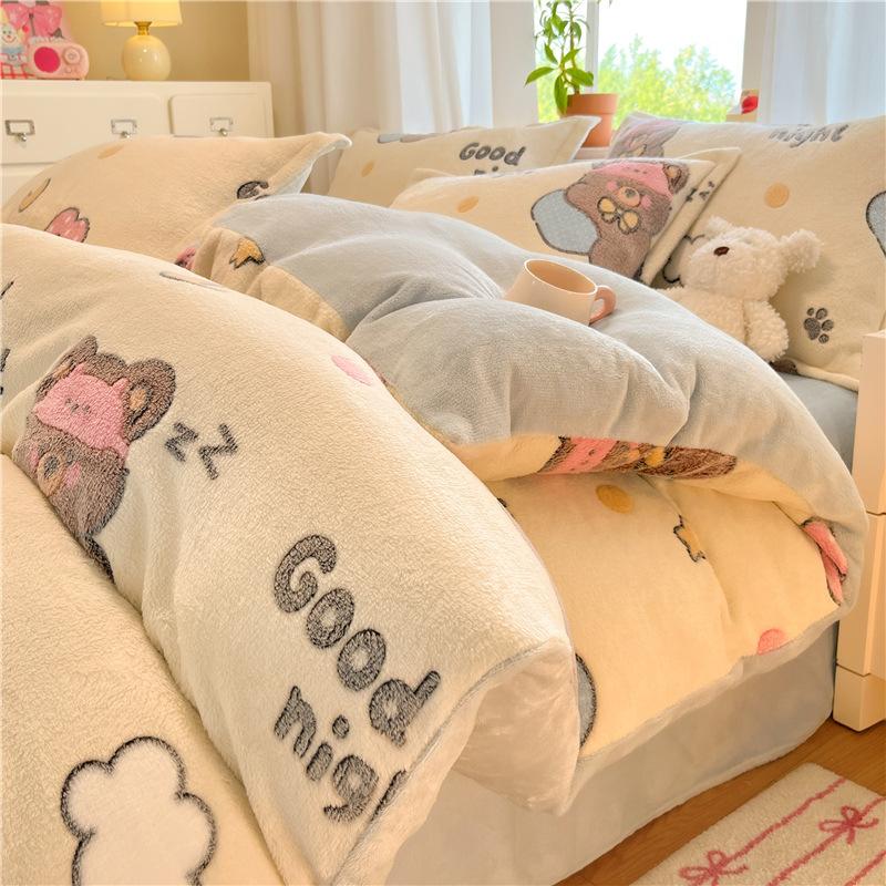 Snowflake Fleece Four-Piece Set, Thickened Milk Coral Fleece Quilt Cover, Double-Sided Fleece Quilt Cover, Bed Sheet, Bed Hat Three-Piece Set