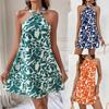 Halter Neck Flower Print Dress Lace Up Ruffle Edge Backless Dress Sleeveless Chiffon Dresses Causal Women Dress