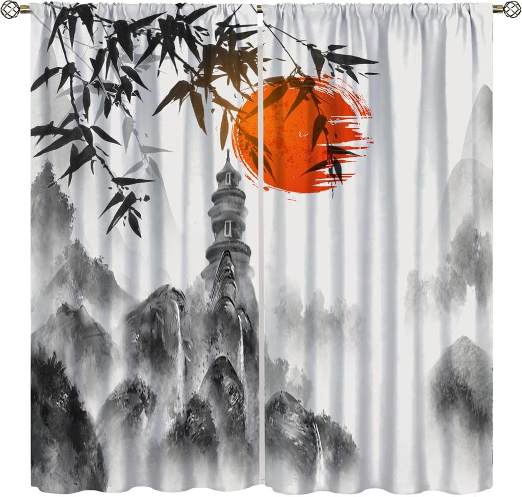 Japanese Style Blackout Curtain,Sea Wave Cherry Blossom Crane Ocean Bird Themed Watercolor Curta For Dining Room Cafe Living