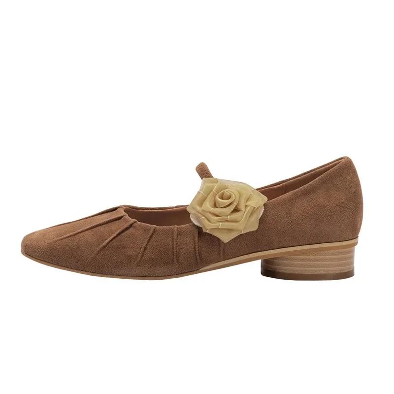 2024 Vintage Flower Mary Jane Shoes Suede Ballet Pleated Flat Decoration Comfortable Soft Round Toe Shoe for Women Female Loafers