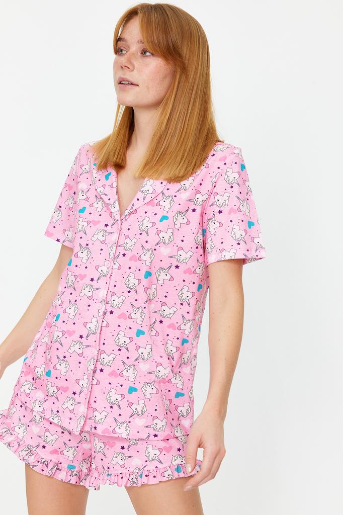 Women's Fashion New Pajama Set Pink 100% Cotton Fun Patterned Shirt-Shorts Knitted Pajama Set