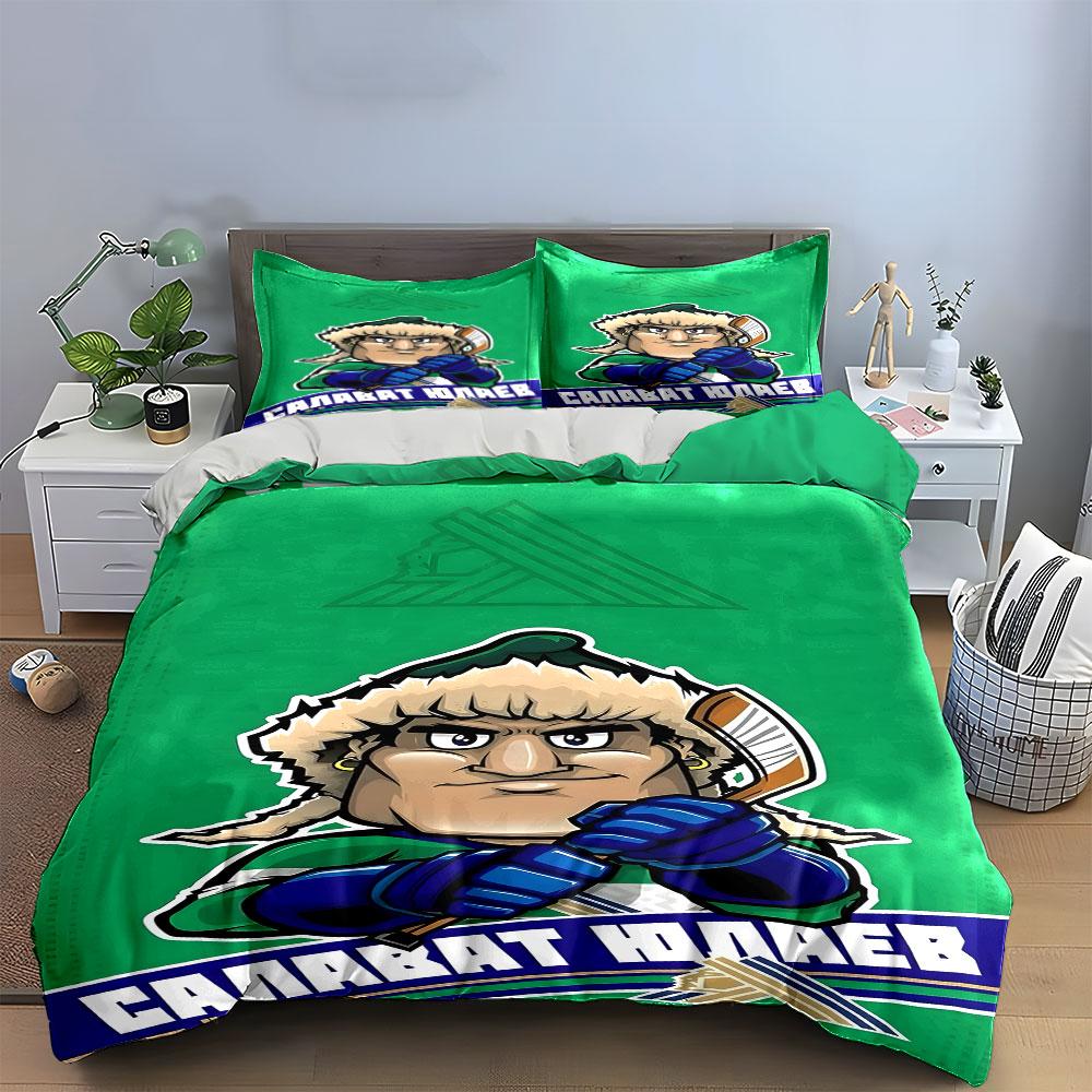 Cartoon Hockey Player with Green Background Print Bedding Set Duvet Cover Pillowcases (1* Duvet Cover 2* Pillowcases Do Not Include Comforter)