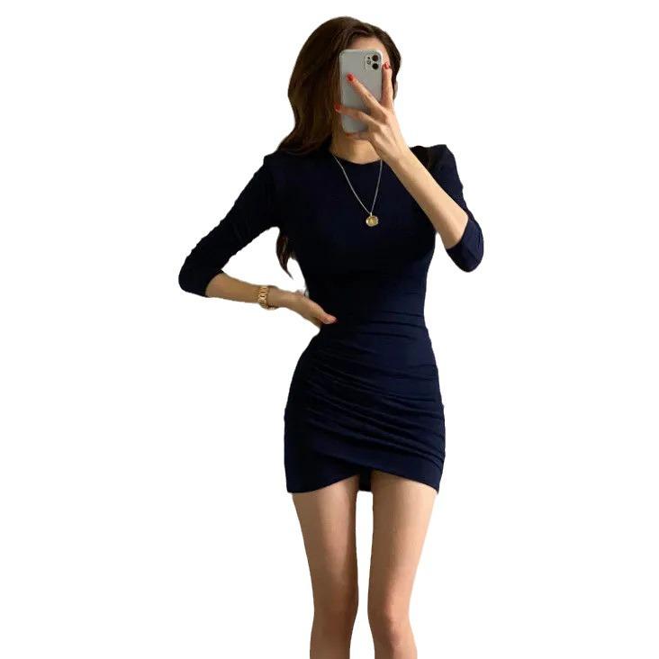 Корейское осенне-зимнее плиссированное платье с длинным рукавом, облегающее бедра, короткое: Молодежный, Элегантный, Приталенный силуэт