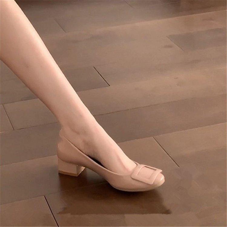 Популярные туфли-лодочки с квадратной пряжкой на толстом каблуке для женщин, весна 2025, новый французский темперамент, квадратный носок, средний каблук, офисные туфли на высоком каблуке