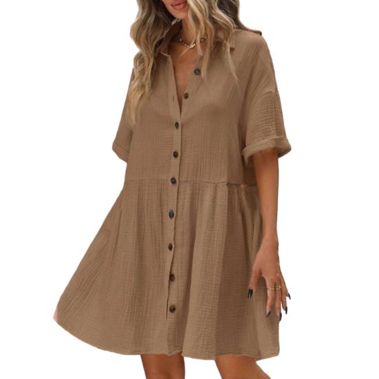 Женское платье-рубашка с коротким рукавом, лацканами, V-образным вырезом, на пуговицах, расклешенное