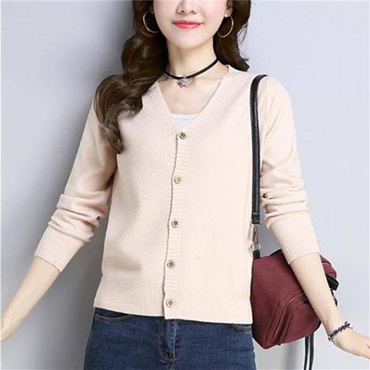Spring and Autumn Women's Knitwear Solid Color V-neck Knit Single-breasted Cardigan Sweater