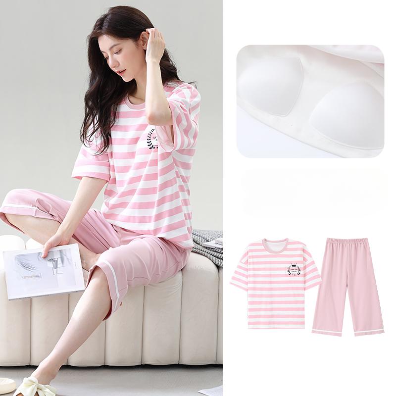 Summer Plus Size 4XL 5XL Pajamas Set with Chest Pad for Women Pink Stripe Short Sleeve Tops and Capri Pants Sleepwear Female Casual Pyjamas Homewear