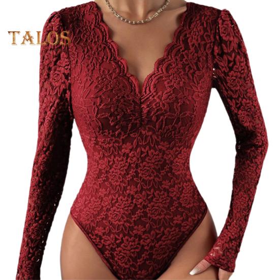 Women Bodysuit Flower Embroidery Lace Elastic Deep V Neck See-through Long Sleeve Solid Color Slim Fit Soft Breathable Spring Playsuit