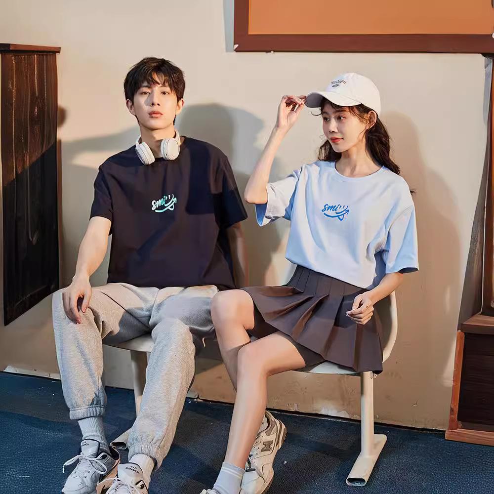 Летняя футболка для пары, новая летняя универсальная универсальная верхняя одежда из чистого хлопка с круглым вырезом в студенческом стиле с короткими рукавами