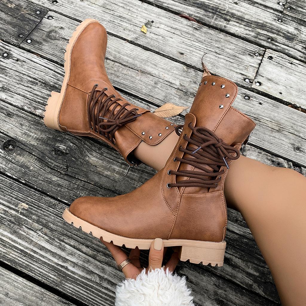 Fashion Fashion Lace-up Modern Boots Women 2024 High Quality Shoes for Women Side Zipper Women's Boots New Plus Size Mid-Calf Boots
