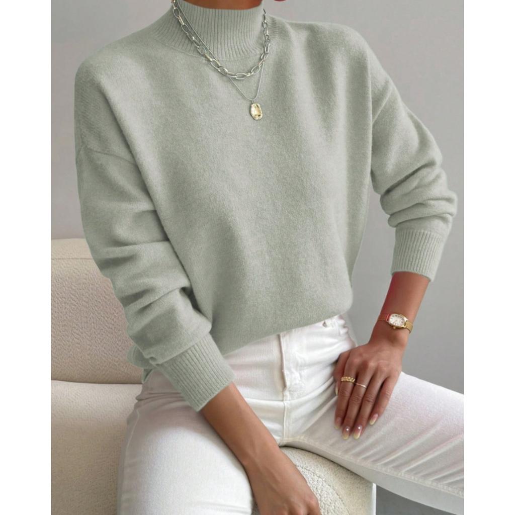 Solid Color Loose Knit Top Semi High Neck Pullover Long Sleeved Sweater Women Autumn and Winter