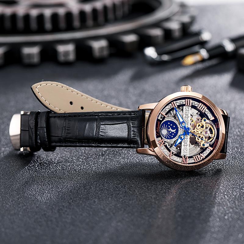 Tourbillon Moon Phase Wristwatch Luxury Hollow 3ATM Waterproof Stainless Steel Men Automatic Mechanical Watches Relojes Hombre