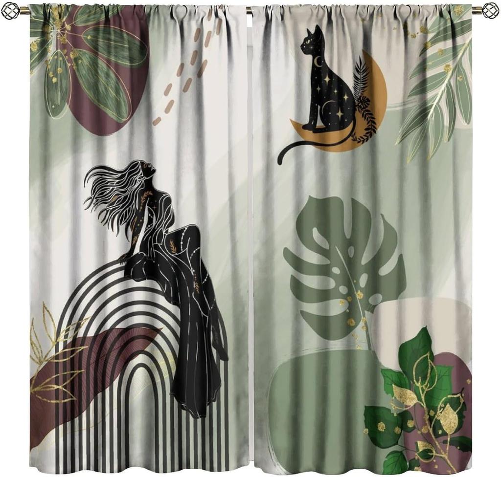 Mid Century Moon Cat Curtain Retro Black Cat Leaves Sun Moon Leaves Boho Abstract Geometric Arch 70s Window Drapes for Bedroom