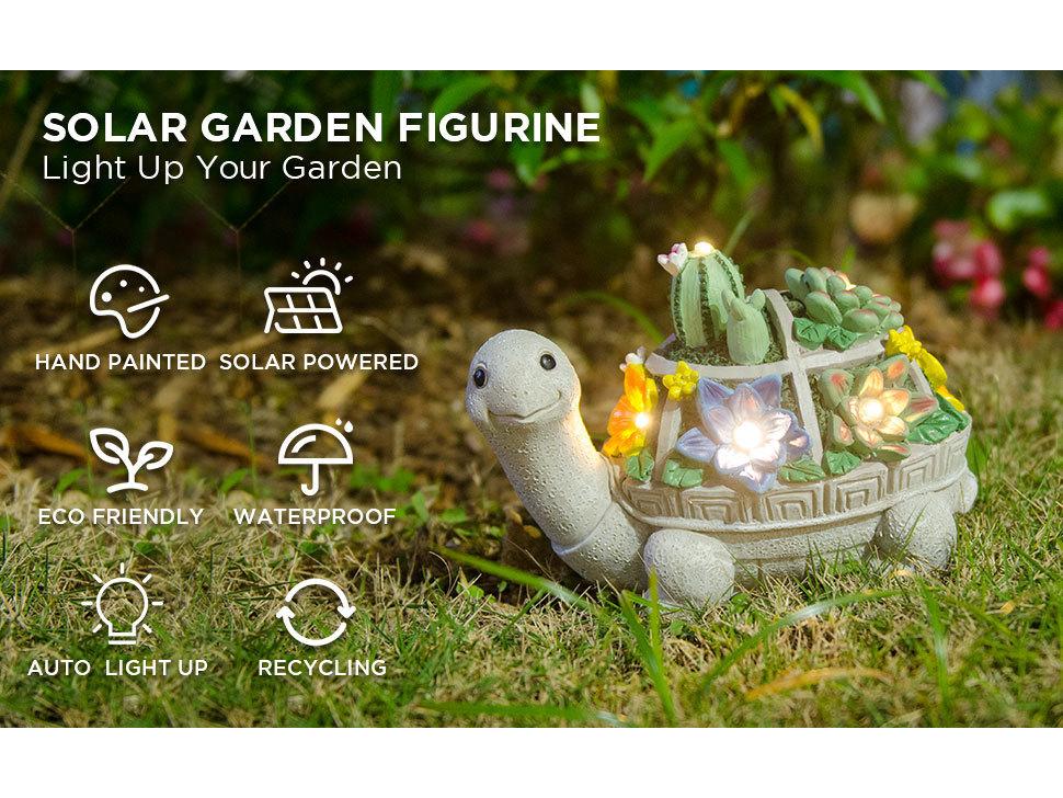 Уличная статуэтка черепахи из полирезины на солнечной батарее с фигуркой суккулента и декоративной подсветкой