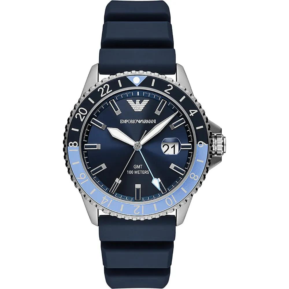 Emporio Armani Мужские кварцевые часы Diver GMT с синим силиконовым ремешком AR11592
