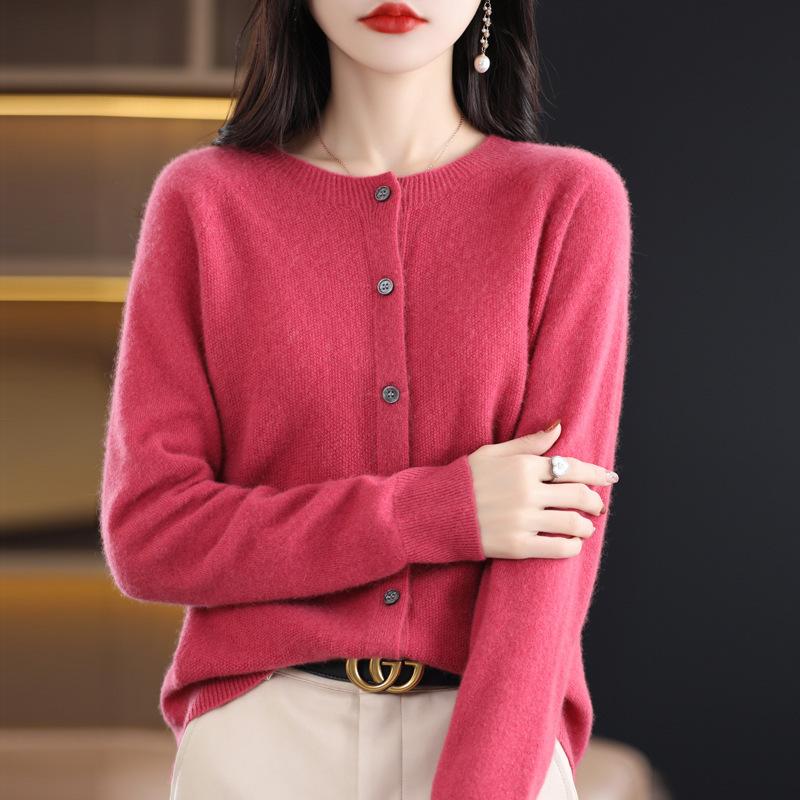 Knitted Cardigan Women's Spring and Autumn Simple Loose Sweater Coat Round-neck Long-sleeved Casual Sweater Cardigan