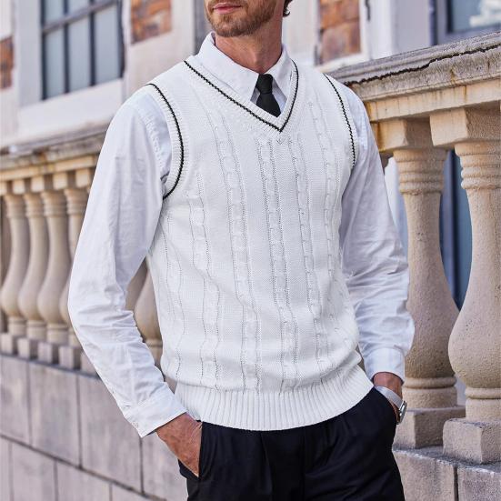 Мужской жилет свитер с V-образным вырезом без рукавов приталенный вязаный пуловер с цветными блоками приталенный