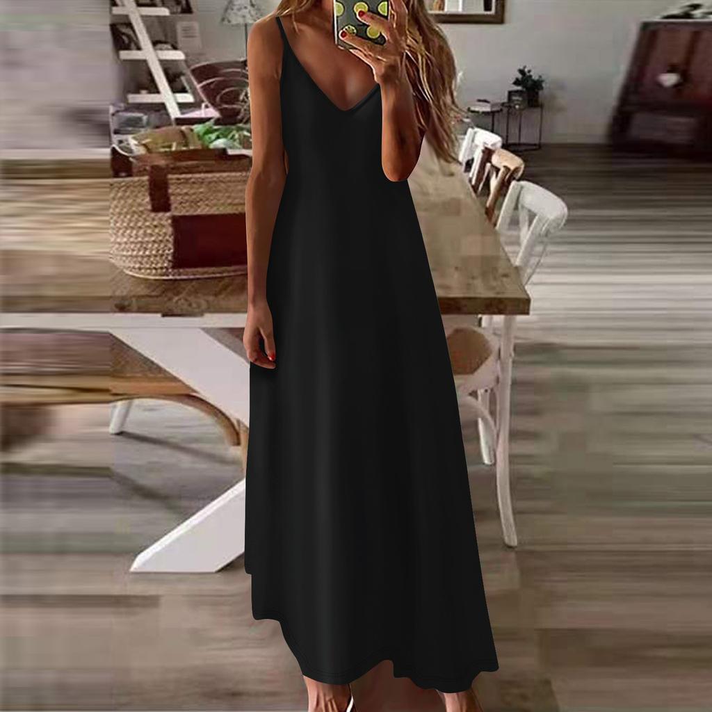 Женское летнее повседневное модное однотонное длинное платье без рукавов с V-образным вырезом, повседневные платья