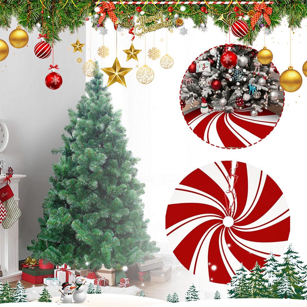 120cm Christmas Tree Skirt Red Swirl Peppermint Candy Snowman Reindeer Snowflake Xmas Home Party Decor Base Cover Carpet