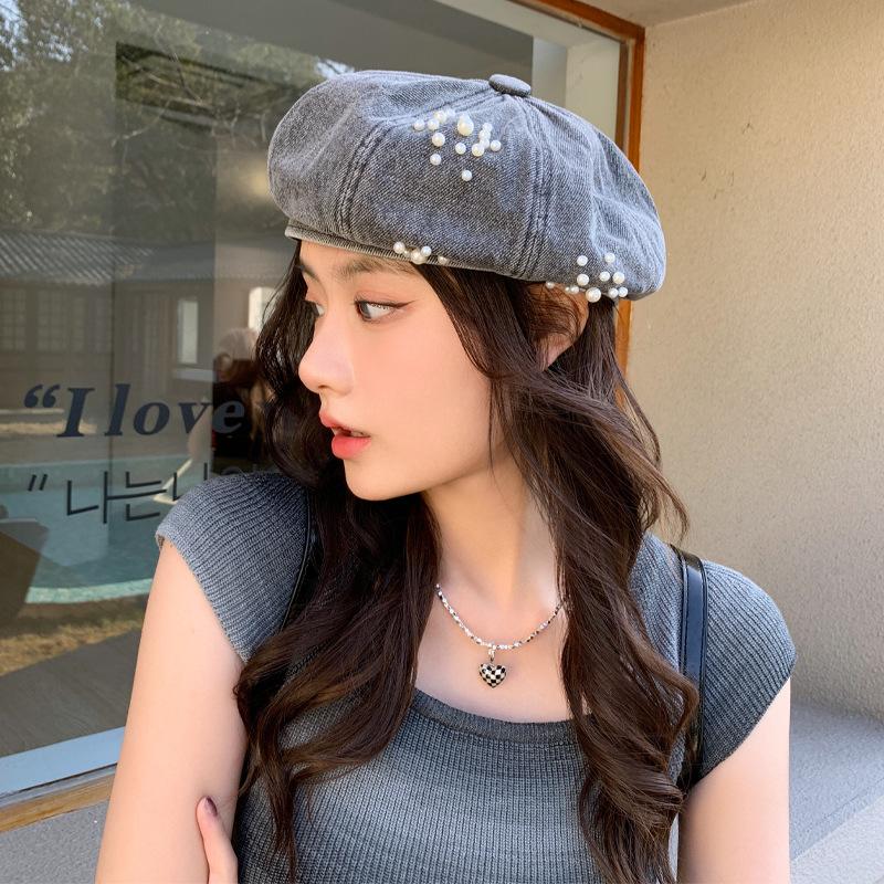 Весенне-осенняя шляпа женская маленькая ароматная ветровая жемчужина декоративный джинсовый берет высокая чувственность универсальная шляпа художника прилив