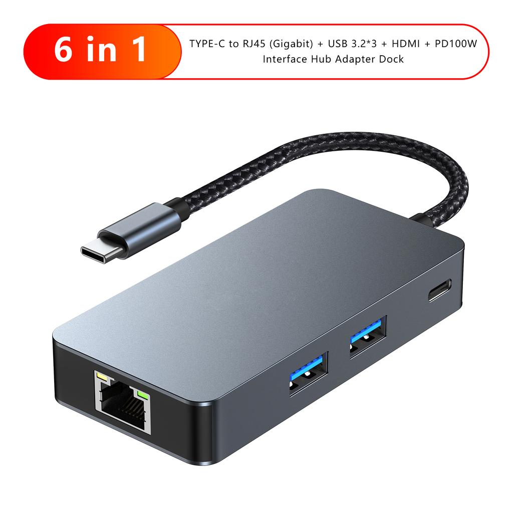 6 in 1 TYPE-C to RJ45 Gigabit USB 3.2 HDMI PD100W Interface Hub Adapter Dock