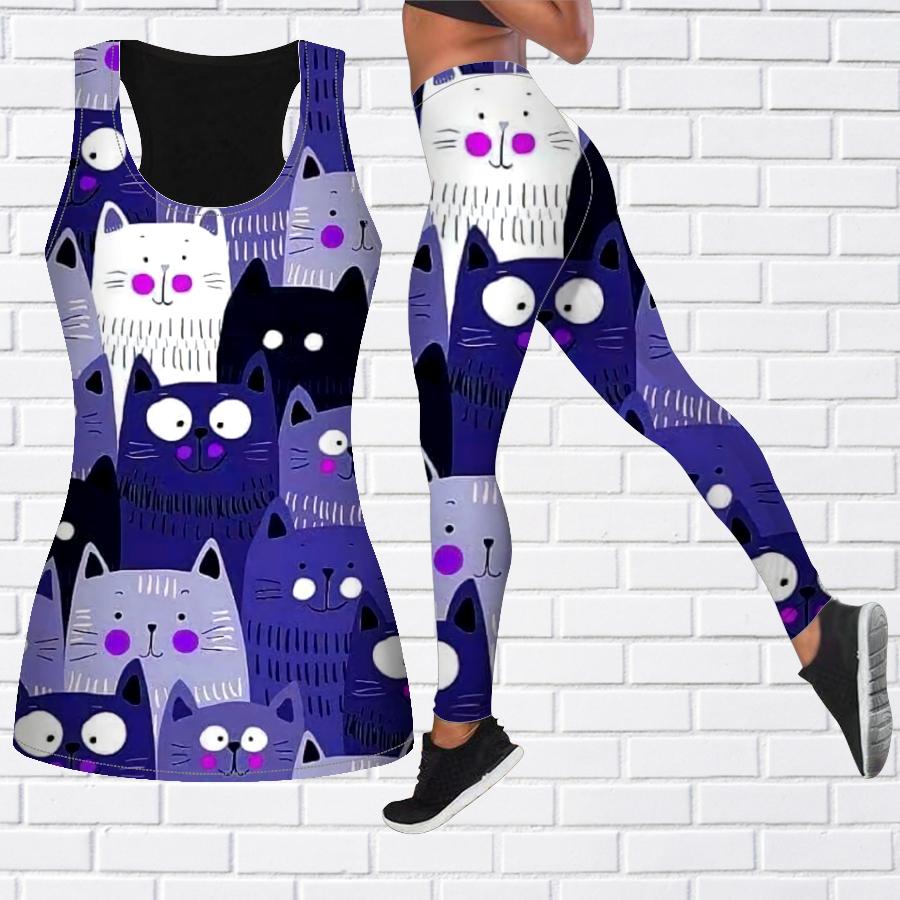 Экипировка для йоги с мультяшным котенком и принтом для женщин, модные леггинсы для тренировок, спортивные повседневные штаны для фитнеса и йоги