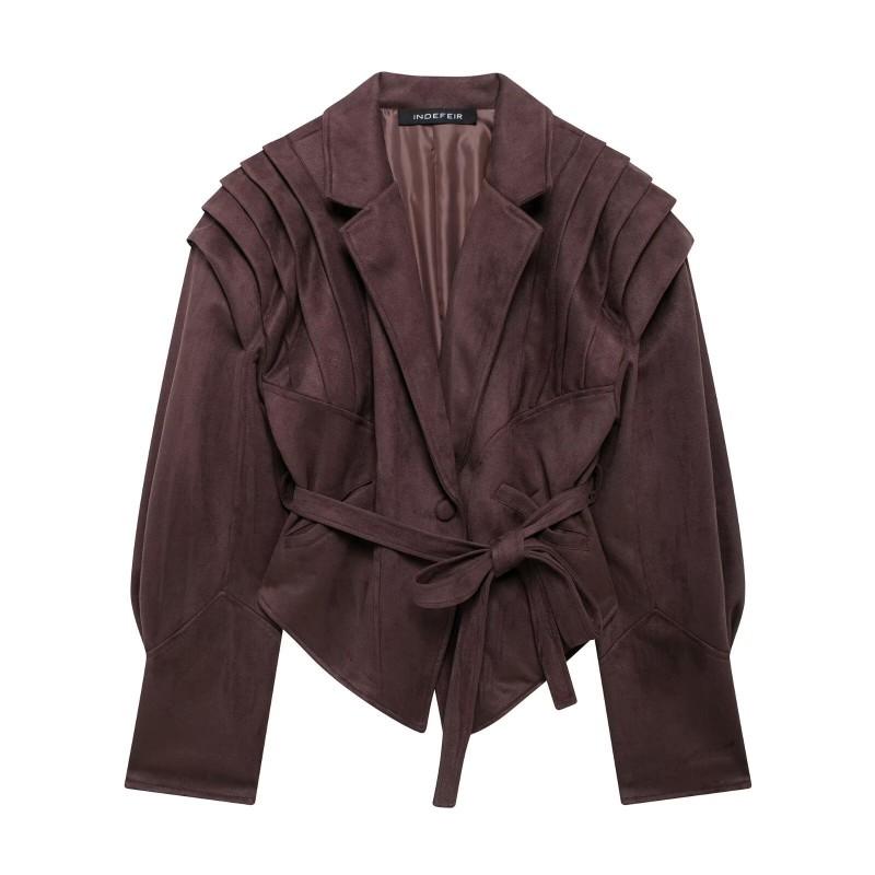 Womens Vintage Suede Jacket Slim Fit Lace Up Waist Casual Street Style Outerwear