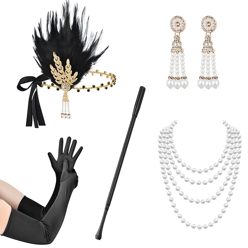 1 Set 1920'S Flapper Cosplay Costume Feather Headband Pearl Necklace Bracelet Stockings Long Glove Gatsby Masquerade Accessories