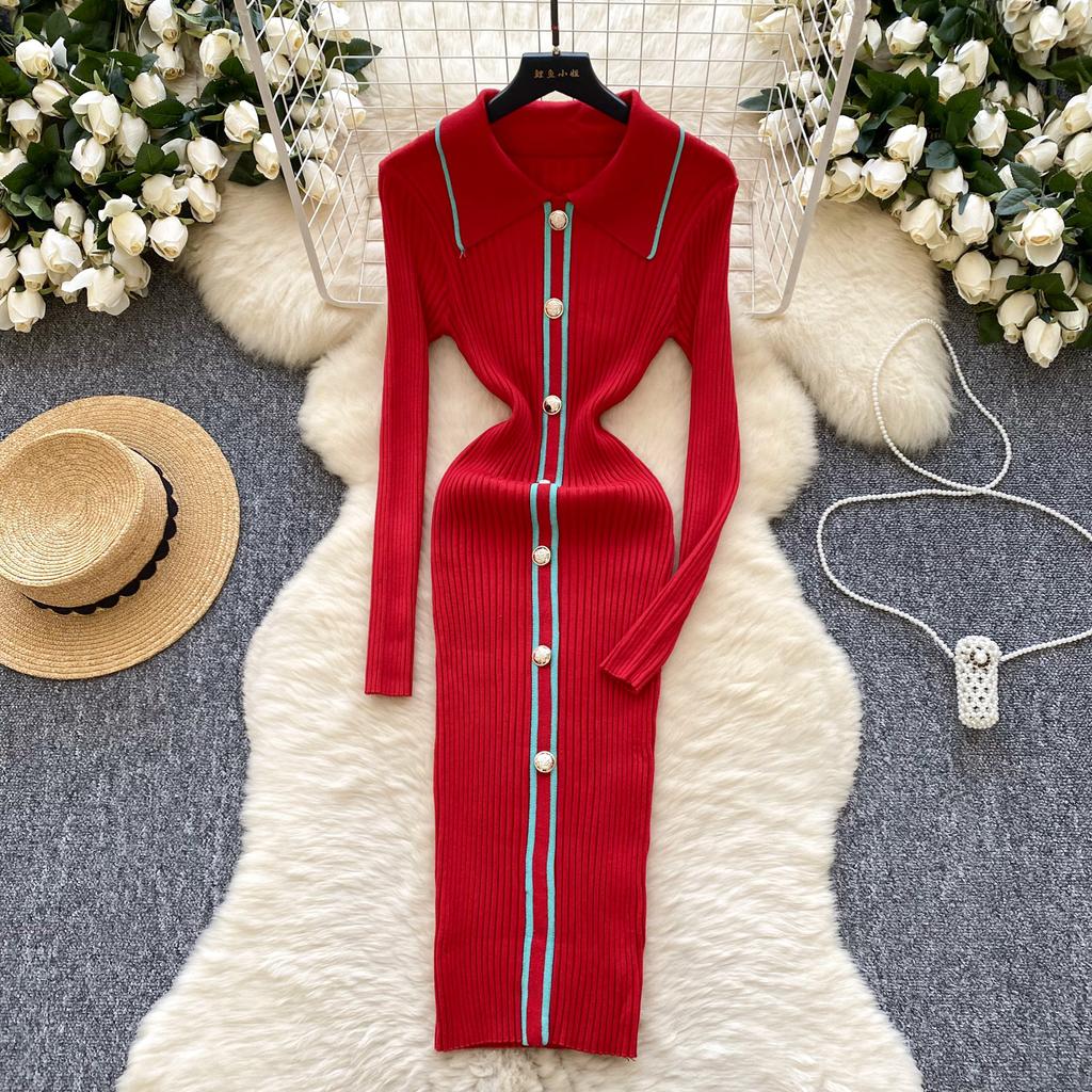 Autumn Winter Women Knitted Dresses 2024 Vintage Patchwork Striped Long Sleeve Bodycon Sexy Chic Long Dress