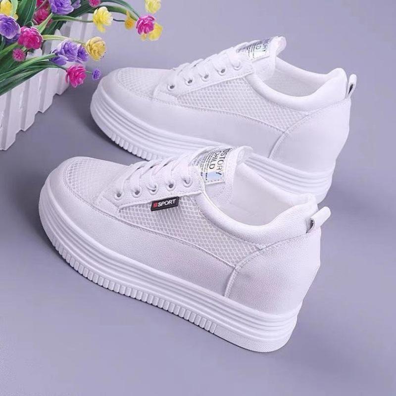 Женские сетчатые дышащие белые туфли, универсальная толстая подошва с приподнятой губчатой подошвой, женские универсальные сетчатые туфли