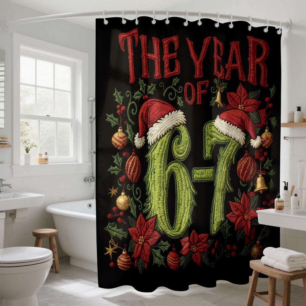 1pc Merry Christmas 67 Element Printed Waterproof Shower Curtain Partition Privacy Hanging Curtain with 12 Hooks Multiple Sizes