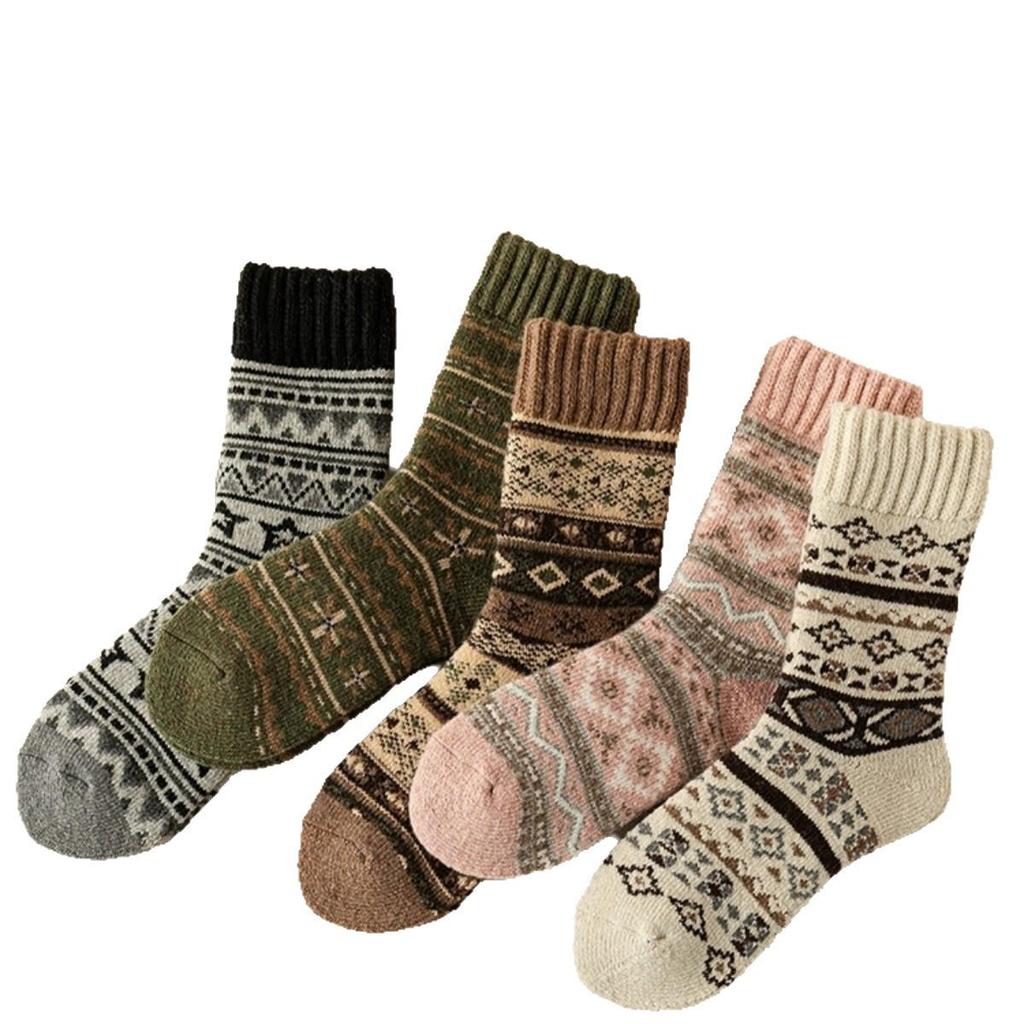 Women's Retro Ethnic Wool Socks - Warm, Fleece-Lined, Mid-Calf for Autumn/Winter