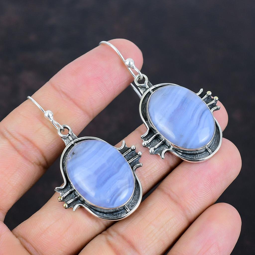 Blue Lace Agate Earrings Original Gemstone Jewelry 925 Sterling Silver Earrings Handmade Dangle Earring Engagement Gifts Brand New Earrings