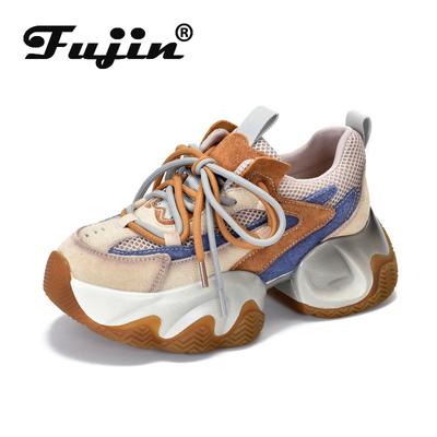 Fujin 5,5 см, удобные весенние ботильоны на плоской подошве, ботинки на воздушной сетке из натуральной кожи свиной кожи, женские осенне-летние массивные кроссовки