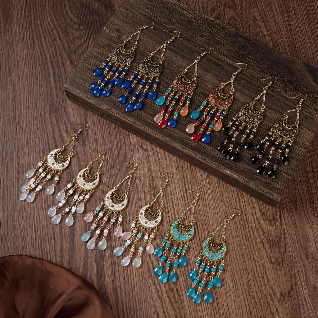 Bohemian Water Drop Bead Fringed Earrings, Premium Long Crystal Earrings, Ethnic Style Retro Personality Versatile Ear Hooks