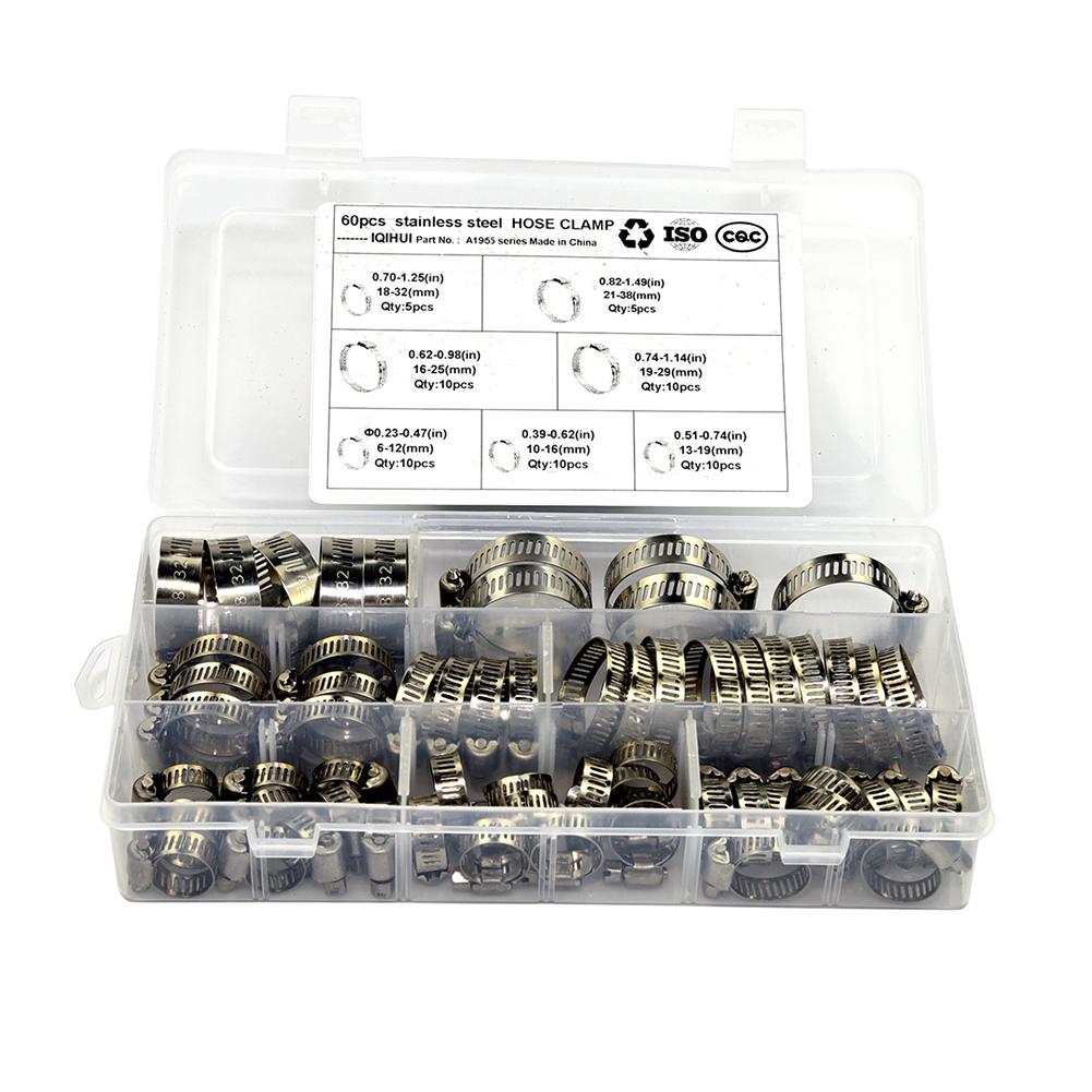 60pcs/set Hose Clamp Stainless Steel Adjustable 6-38mm Range Gear Hose Clamp