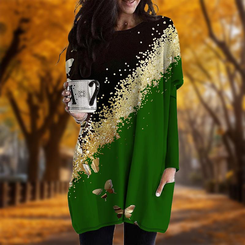 Новинка осени с красочным принтом бабочек и большими размерами платье для женщин с круглым вырезом и длинными рукавами повседневные платья с карманами
