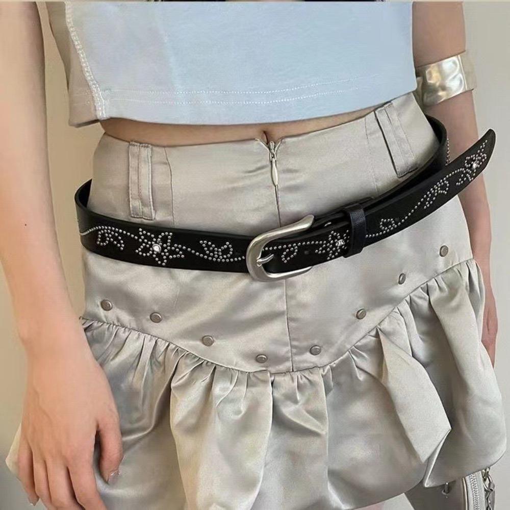 Flower Rivet Belt Y2K PU Leather Waistband Unique Rhinestone Belt Women