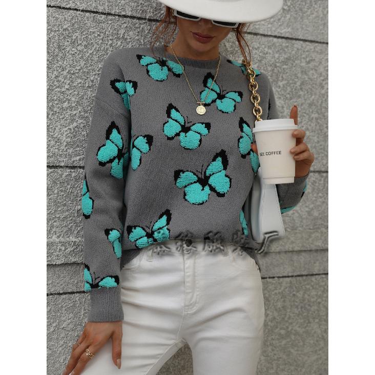 2024 Осень-Зима Европейский И Американский Печатный Бабочка Круглый Вырез Женский Свободный Плюс Размер Вязаный Свитер Пуловер Свитер